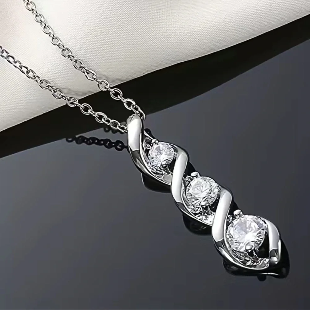STERLING SILVER 3 STONE DROP PENDANT NECKLACE